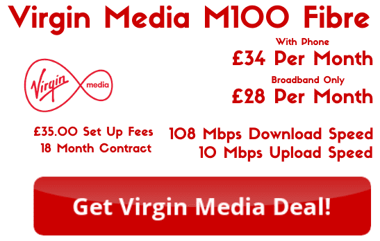 M100 Fibre features 108 Mbps download and 10 Mbps upload speeds from as low as £25 per month with free set up.