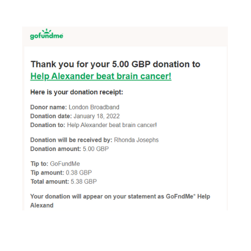 London Broadband GoFundme donation for childrens cancer