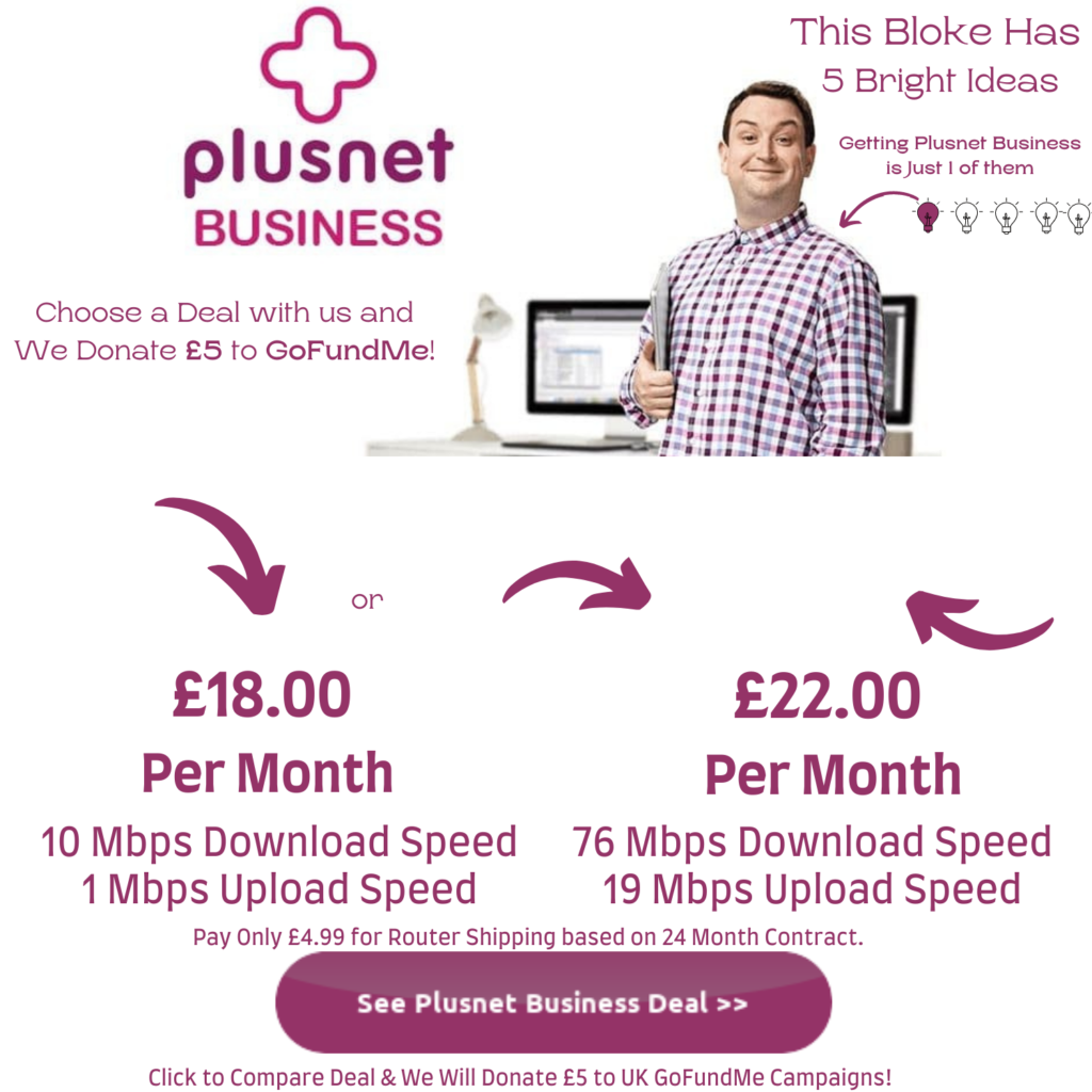 Best Business Broadband from Plusnet starts at just £17 per month with a 10 mbps download speed and a 1 mbps upload speed. Business fibre internet is only £22 per month and a lot cheaper than BT Business broadband which offers a solid double redundant internet connection with full fibre speeds.