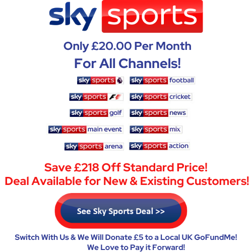 Sky Sports Offers all Sky Sports channels for only £20 per month on an 18 month contract. New and exisiting Sky customers will save £218 off standard prices.