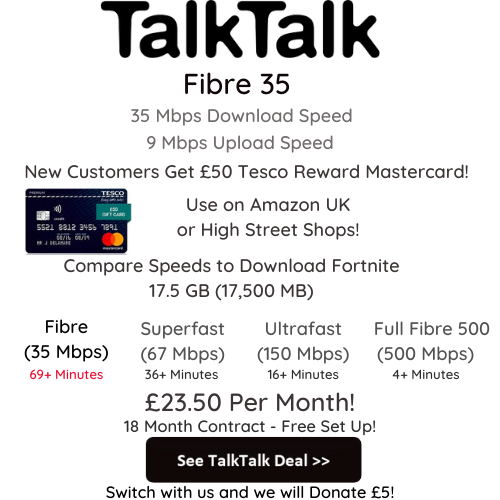 TalkTalk Fibre 35 offers 35 Mbps download speeds with 9 Mbps upload speeds from onr of the UK's most trusted broadband providers. TalkTalk offers incredible broadband service to the UK.