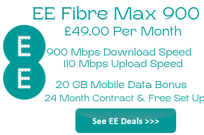 EE Fibre Max 900 offers 900 Mbps download speeds and 100 Mbps upload speeds from 49 per month