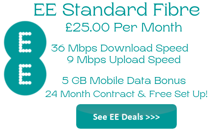 EE Fibre Broadband offers 36 Mbps download speeds and 9 Mbps upload speeds with 5 GB of free mobile data.