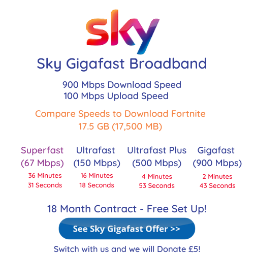 Sky Gigafast Broadband offers 900 Mbps download speeds and 100 Mbps upload speeds for £55 per month and includes free set up for a limited time.