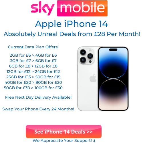 Sky Mobile Phone Deals for Apple iPhone 14 including the regular iPhone, iPhone Plus, and iPhone Pro Max.