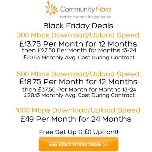 Community Fibre Black Friday deals from £13.75 per month for 200 Mbps download and upload speeds with a £27.50 monthly price from months 13 to 24. This is a monthly average cost of £20.63.