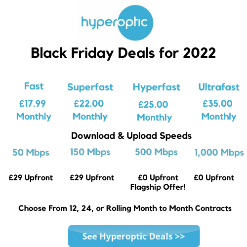 Hyperoptic Black Friday deal includes 500 Mbps download and upload speeds for only £25 per month and includes unlimited bandwidth.