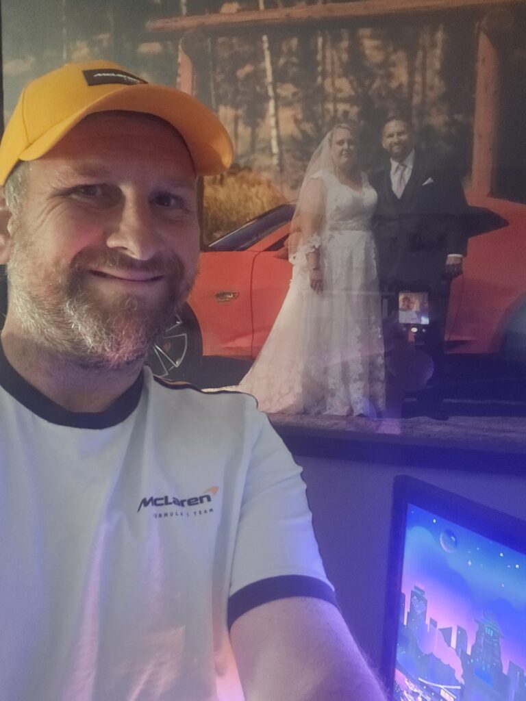 Ben & Brittny wedding photo background with Ben wearing McLaren Hat and Shirt his Brother Terry got him for his Birthday!